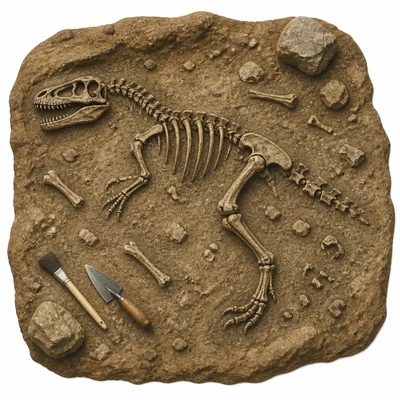 An incomplete dinosaur skeleton fossil with missing and scattered bones.