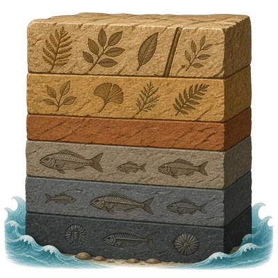 Rock layers with fish fossils below and land plant fossils above.