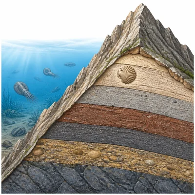 A sea animal fossil found in rock layers high in a mountain.