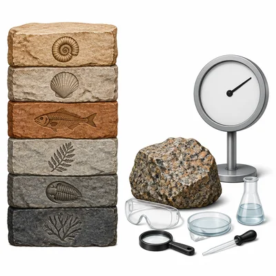 A visual comparison of relative rock layer order and exact age measurement in geology.