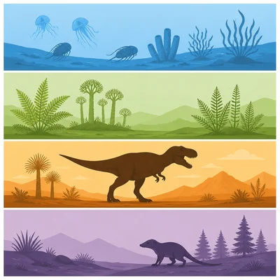 A four-section geologic time scale with a dinosaur shown in the third section.