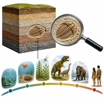 A collage of rock layers, fossils, and a timeline showing evidence for Earth's age.