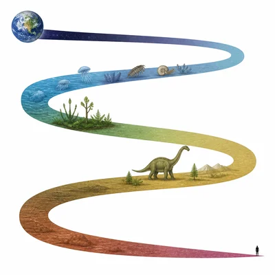 A long winding Earth history timeline with icons for early life, dinosaurs, and humans near the end.