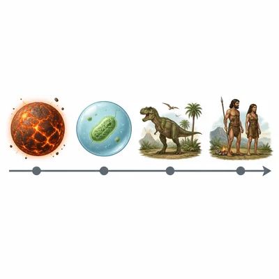 A picture timeline showing Earth forming, simple life, dinosaurs, and humans in order.