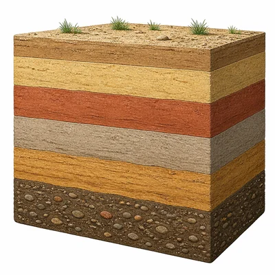 A cross-section of flat stacked rock layers with the oldest layer at the bottom.