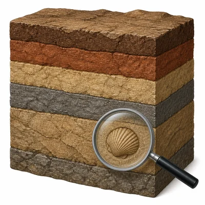 A fossil shell embedded in an old rock layer being examined with a magnifying glass.