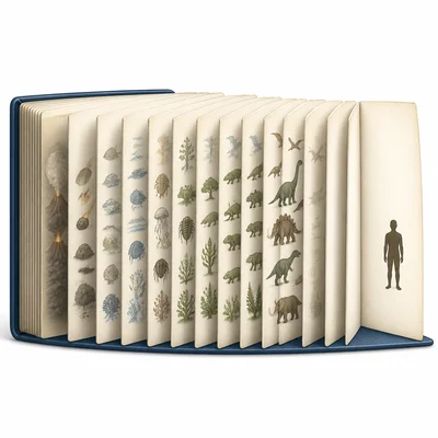 A thick book representing Earth history with humans shown only on the last page.