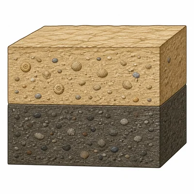 Two flat rock layers with one layer resting directly above another.