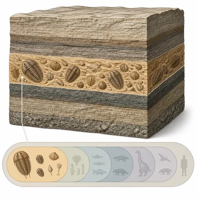 A rock layer with trilobite fossils is linked to an early highlighted part of a geologic timeline.