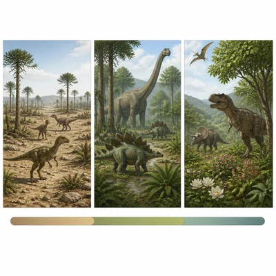 Three dinosaur-period scenes are arranged from oldest on the left to youngest on the right.