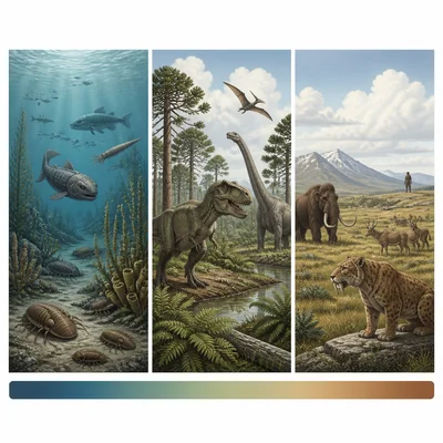 Three panels show Paleozoic sea life, Mesozoic dinosaurs, and Cenozoic mammals in order.