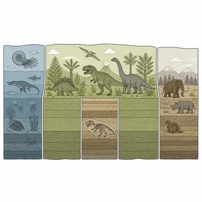 A highlighted slice with a dinosaur fossil sits within a larger dinosaur-era section of a timeline.