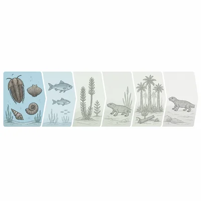 A six-part timeline highlights the first Paleozoic period with early marine animals.