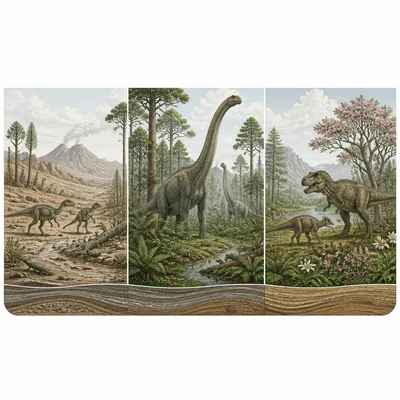 Three connected panels of dinosaur-age scenes are grouped together as one era.