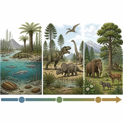 A timeline shows Paleozoic life before the dinosaur-dominated Mesozoic section.