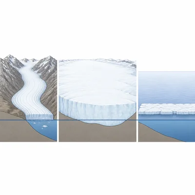 Comparison diagram showing a mountain glacier, a land-based ice sheet, and floating sea ice.