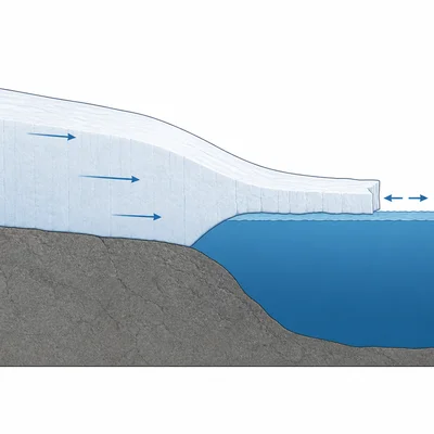 Cross-section of a grounded ice sheet connected to a floating ice shelf over the ocean.
