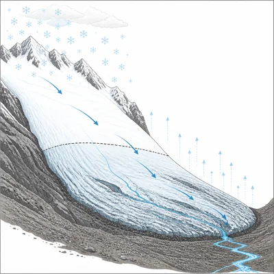 Profile of a glacier with snowy upper accumulation area and melting lower ablation area.