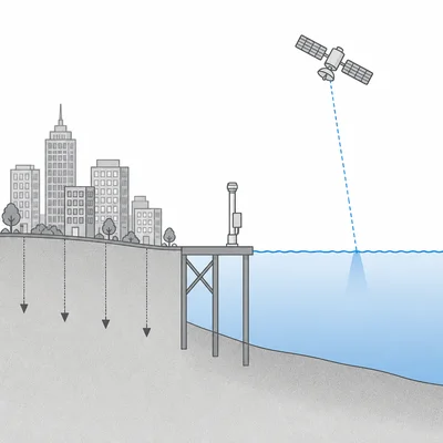Diagram of a coastal tide gauge, rising ocean surface, satellite observation, and sinking land.
