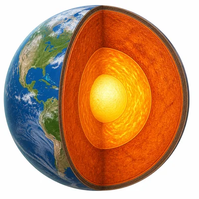 Cutaway Earth diagram showing crust, mantle, outer core, and inner core.