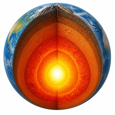 Earth cutaway with colors getting hotter toward the center.