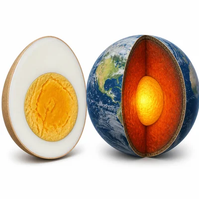 Cut egg beside Earth cutaway comparing the shell to Earth’s crust.