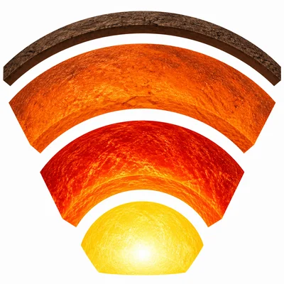 Earth layers shown with colors from coolest crust to hottest inner core.