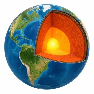 Earth cutaway emphasizing the thin outer crust under continents and oceans.