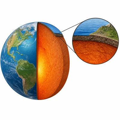 Comparison of thin crust and thick rocky mantle.