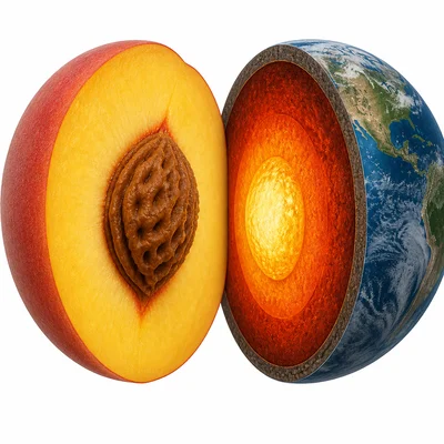Sliced fruit beside Earth cutaway showing a model for Earth layers.