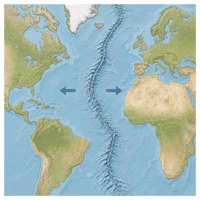 Map-like view of the Atlantic Ocean with a long central underwater ridge and arrows showing plates moving apart.