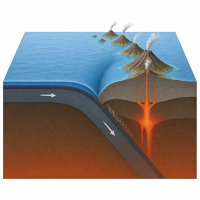Cross-section of a deep-ocean trench beside volcanic islands formed by subduction.
