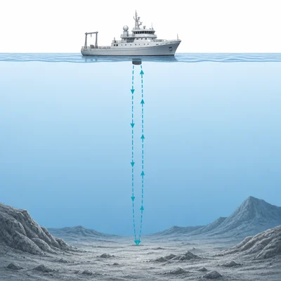 A sonar ship sends a pulse to the seafloor and receives the reflected signal.