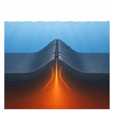 Ocean floor cross-section with a raised ridge that is shallower than the surrounding seafloor.