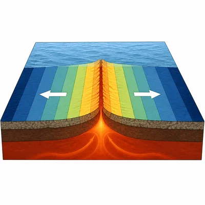 Symmetrical seafloor bands spreading away from a central mid-ocean ridge.