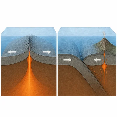 Side-by-side diagrams of a mid-ocean ridge and a deep-ocean trench.