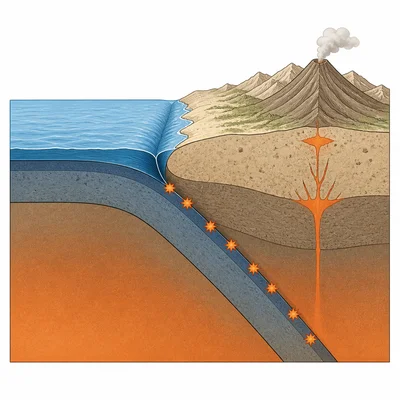 Subduction zone near a continent with a trench and earthquakes along the plate boundary.