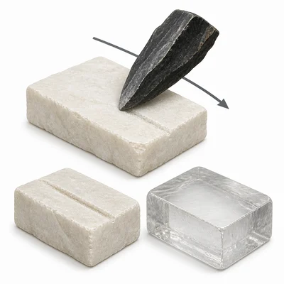 A mineral scratch test showing one mineral being scratched and another not scratched.