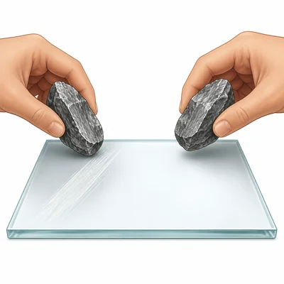 Two similar minerals are tested on glass; one scratches the glass and one does not.