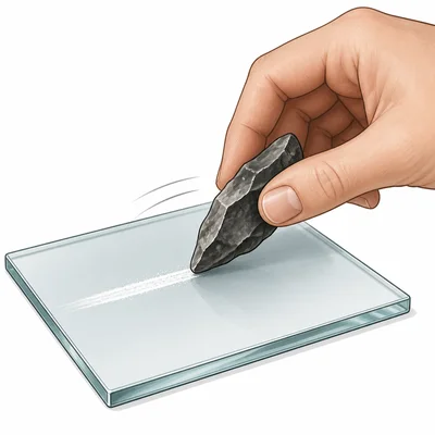 An unknown mineral scratching a glass plate.