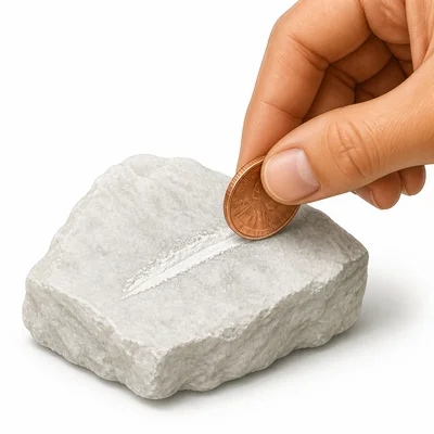 A copper coin scratching the surface of a mineral.