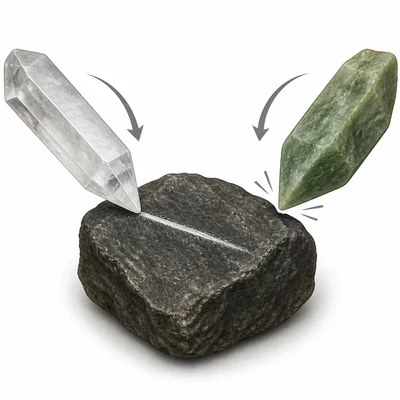 A hard crystal scratches an unknown mineral while another mineral does not.