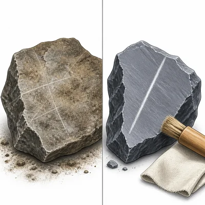 A dirty mineral surface compared with a clean fresh surface for scratch testing.