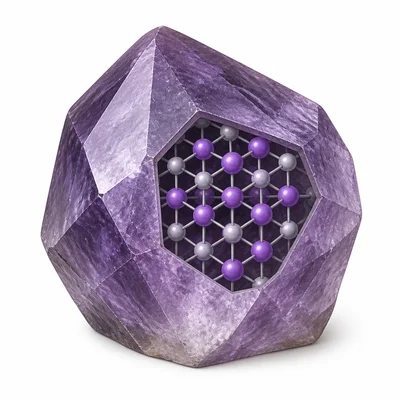 A mineral crystal with an orderly atomic lattice shown inside.