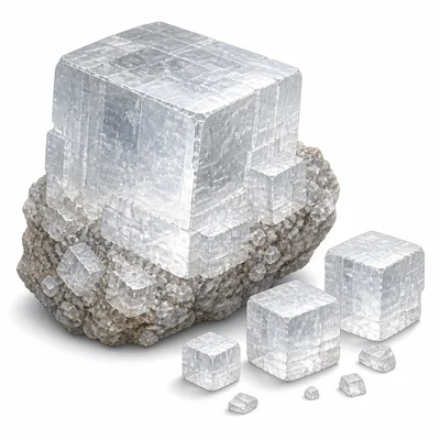 Cube-shaped clear mineral crystals with cubic cleavage.