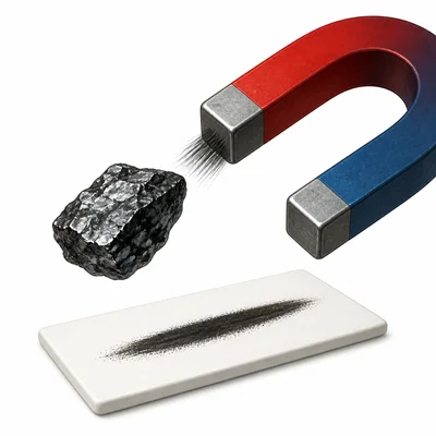 A black mineral attracted to a magnet and leaving a black streak.