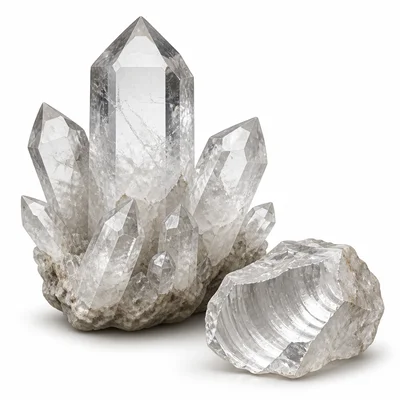 Quartz crystals with glassy luster and curved fracture surfaces.