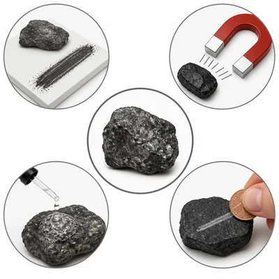 Several mineral identification tests shown around an unknown mineral.