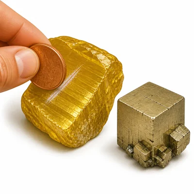 A copper coin scratching a shiny yellow mineral sample.