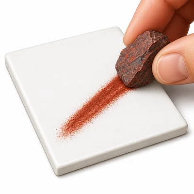 A mineral leaving a reddish-brown streak on a white streak plate.